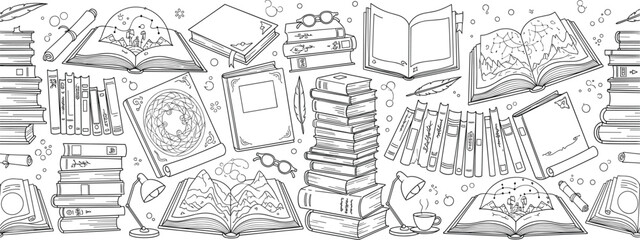 Fototapeta premium Whimsical Book and Reading Pattern with Open Books, Stacks, and Literary Decorative Elements