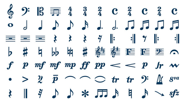Collection of musical notation symbols and notes, dark blue, white background