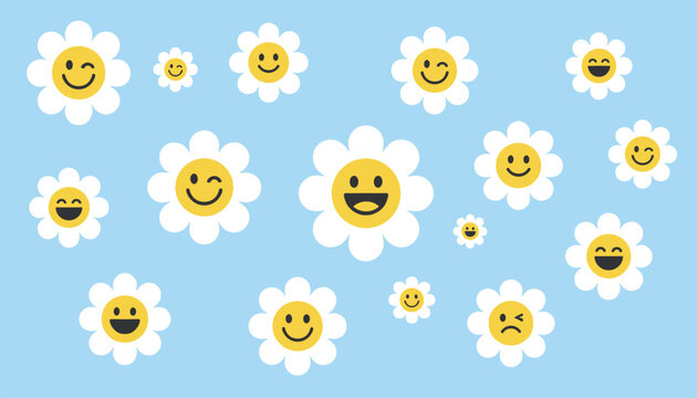 Cute daisy flowers with various happy and winking smiley faces are scattered across a bright blue background.