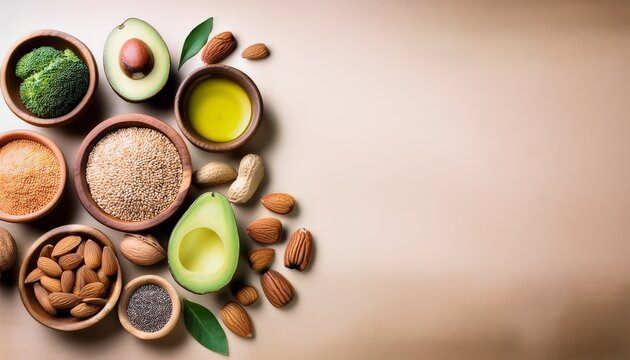 assorted healthy fats food selection with avocado nnuts nseeds nand olive oil nwith blank space for adding text or design