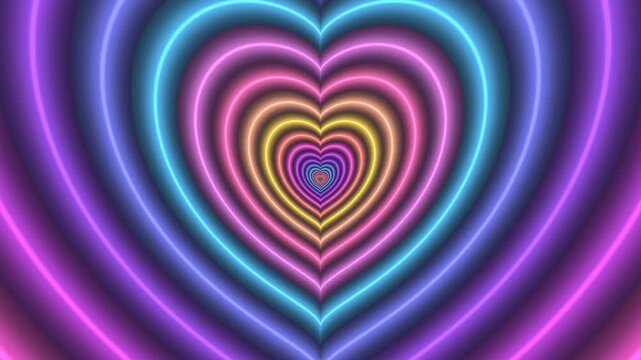 Glowing neon heart tunnel animation with vibrant colorful motion light