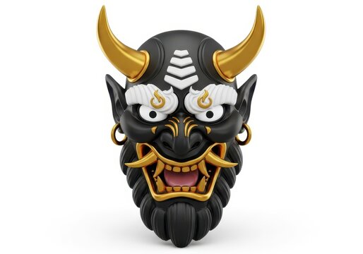 3D Rendered Japanese Oni Demon Mask with Golden Horns and Fangs Isolated on White Background for Cultural Design