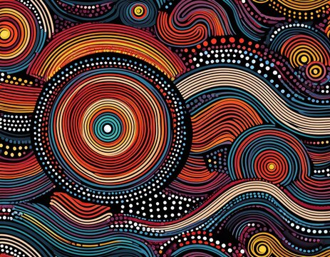 seamless pattern of aboriginal dot art with colorful concentric circles and organic shapes on black background