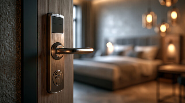 Smart electronic door handle on a hotel door with a blurred bedroom background. Ideal for hospitality and travel security marketing.