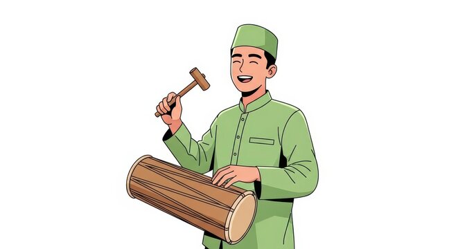Young muslim man in traditional clothing playing a traditional drum with a mallet, isolated on white background