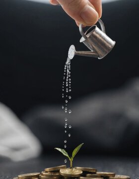 A small watering can gently waters gold coins while nurturing the growth of a vibrant green plant sprout representing the idea of investment and the potential for financial returns