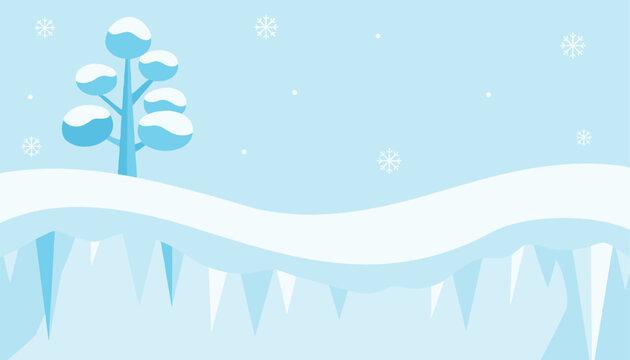 Peaceful winter landscape features a snow-covered tree on a hill and sharp icicles hanging from the icy ground.