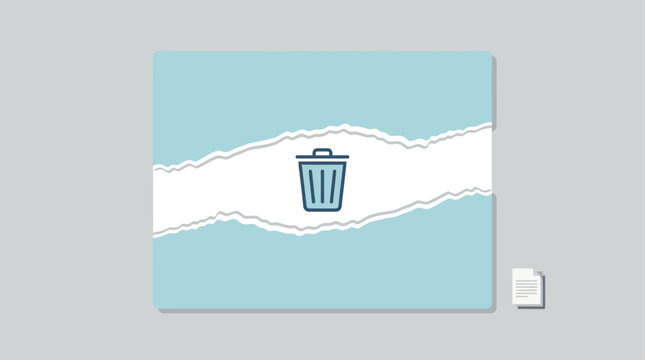 A flat design vector illustration featuring a centrally ripped light blue paper, revealing a minimalist trash can icon, symbolizing deletion, removal, or clearing out old information.