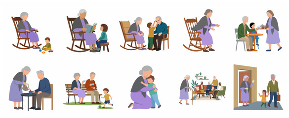 Naklejka premium Grandparents and grandchildren spending time together character set, senior people lifestyle flat vector illustration