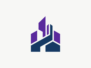 Fototapeta premium Modern Abstract Geometric Cityscape Icon Building Design Vibrant Purple Blue Colors