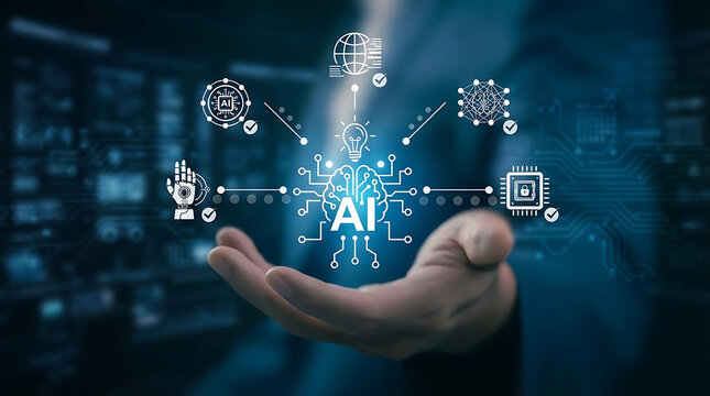 AI Ecosystem and Machine Learning Concept &ndash; Hand Holding Artificial Intelligence Digital Brain Hologram