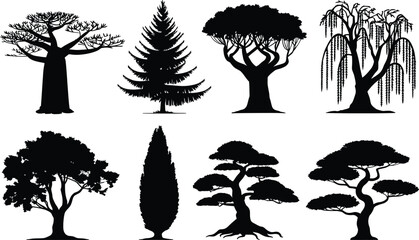 Black tree silhouettes collection diverse forest elements for graphic design and nature illustrations © Hey Tahera
