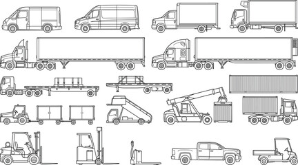 Obraz premium Commercial Transport Vehicle Outline Collection with Trucks Vans Forklifts Trailers Containers and Logistics Equipment Vector Set