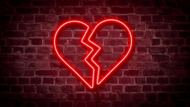Glowing neon broken heart icon on dark brick wall background