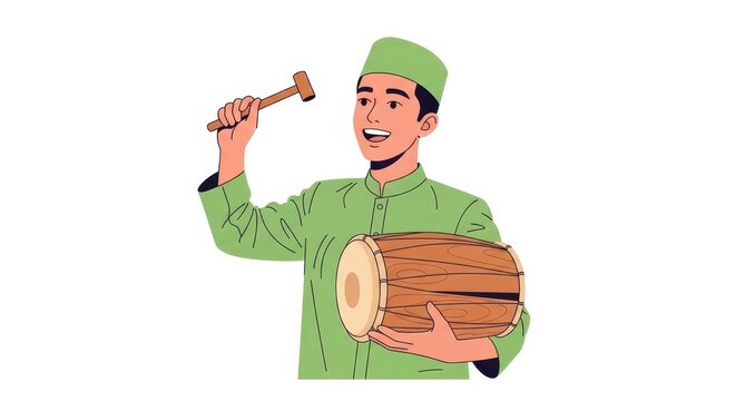 Illustration of a young man wearing a traditional cap and clothes holding a bedug drum and a mallet