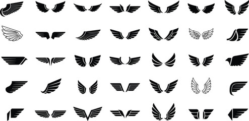 Wing icons and feather symbols, angel and bird wings, vector clipart set for logo, aviation, tattoo, and decorative design © VecktorWorld