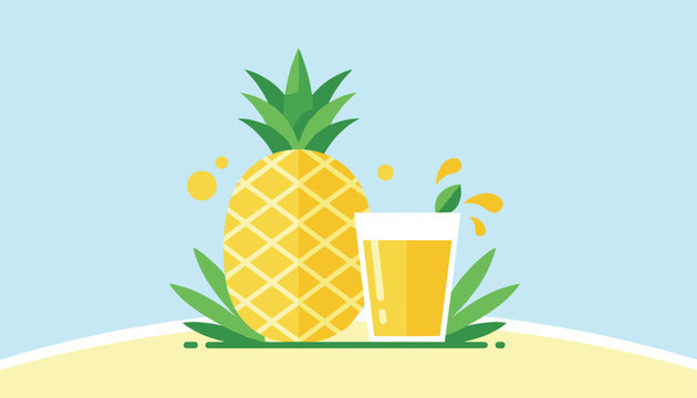 Yellow ripe pineapple and a glass of refreshing pineapple juice with splashes, set against a sandy beach and clear blue sky background.