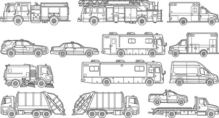 Obraz premium Emergency Service and Municipal Vehicle Collection Technical Outline Set with Fire Truck Ambulance Police Car Utility Fleet Vector
