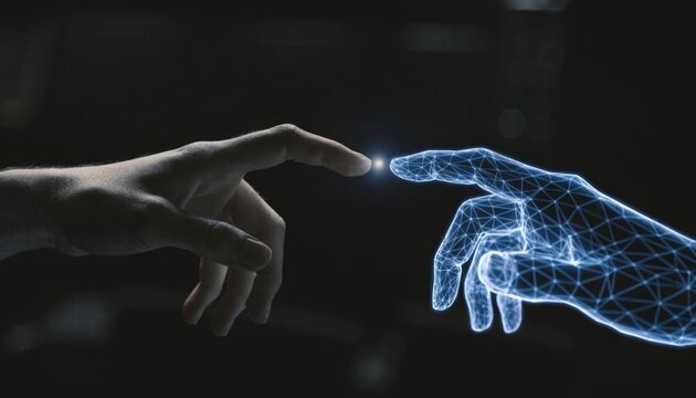 Human hand and glowing digital ai hand reaching toward each other symbolizing the fusion of human intelligence and artificial intelligence in technology