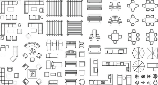 Furniture Top View Floor Plan Symbols Collection with Seating Tables Outdoor Elements and Interior Design Outline Vector Set