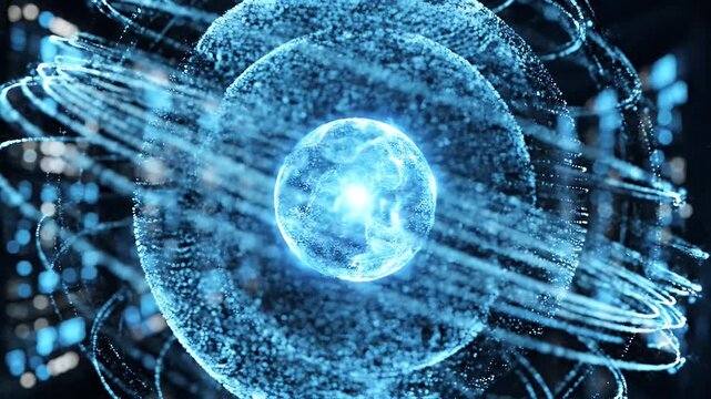A glowing blue sphere with orbiting particles against a bokeh background.