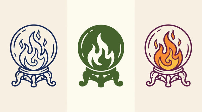 Magical glass orb icons set with swirling orange flames and flickering embers on decorative stands presented in three distinct variations for fantasy gaming and occult wizardry design.