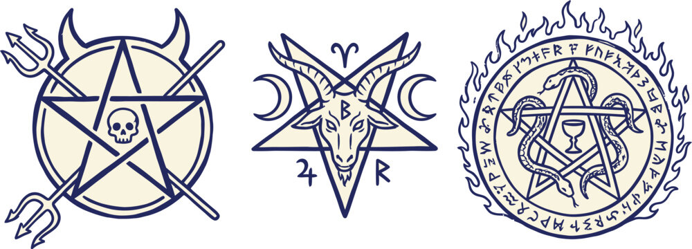 Set of three mystic pentagram symbols featuring intricate occult designs, dark demonic elements, esoteric satanic emblems, and gothic ritualistic iconography for magical witchcraft practices.