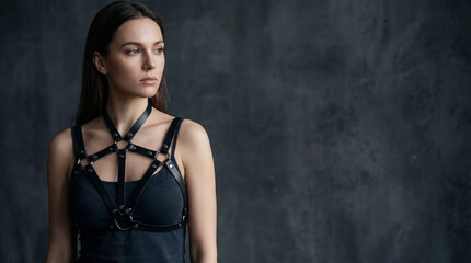 Fototapeta premium young brunette woman wearing black top with leather harness near dark textured wall looking aside with confident calm mood for alternative fashion portrait with copy space for style branding