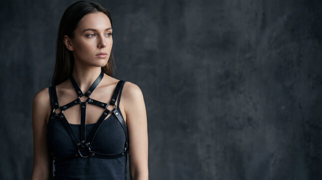 young brunette woman wearing black top with leather harness near dark textured wall looking aside with confident calm mood for alternative fashion portrait with copy space for style branding