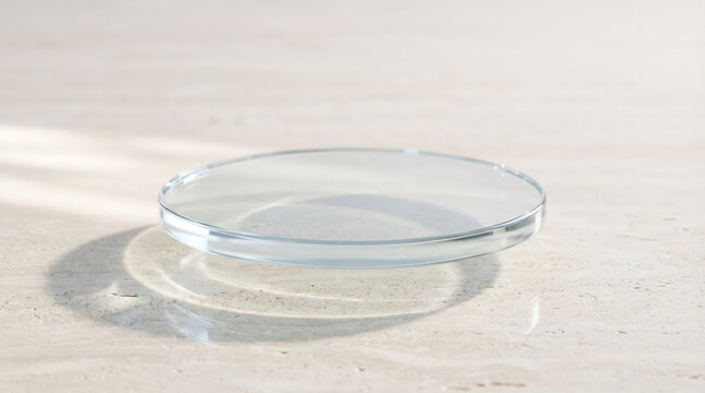 empty glass petri dish on bright stone surface with soft shadow for laboratory research medical testing sterile science biotechnology background with copy space for healthcare innovation