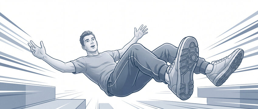Man falling down backwards with speed lines, featuring a clean monochrome line art design, dynamic action pose, and isolated white background for editorial or safety concept use