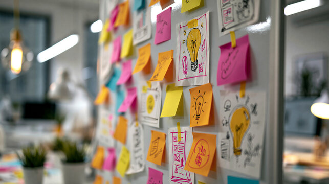 Sticky notes with hand-drawn light bulb ideas pinned on a creative office wall. This image depicts teamwork and brainstorming concepts for business innovation.