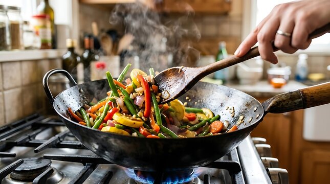 Chef stirring fresh colorful vegetables in a hot iron wok on a gas stove in a home kitchen