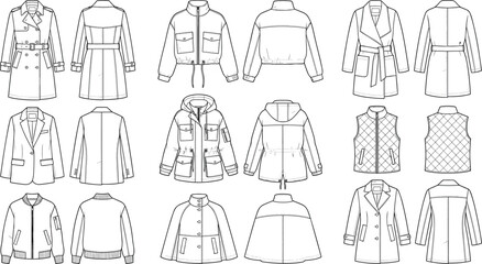 Women's Outerwear Fashion Technical CAD Drawings Set with Front and Back Views for Jackets Coats and Vests © Sarjina