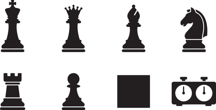 Black chess icons set with king queen and knight, professional chess pieces vector collection, strategic game elements and tournament clock isolated on Transparent Background