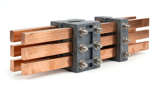 Electrical copper busbars for high current distribution in industrial setting.
