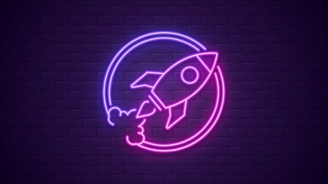 Glowing neon rocket launch icon on dark brick wall background
