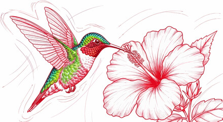 Vibrant hummingbird sips nectar from a beautiful hibiscus flower illustration. © Pratama
