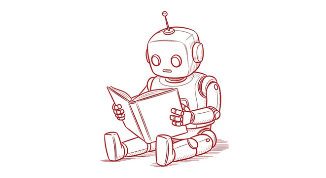 Cute robot sitting and reading a book