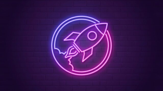 Glowing neon rocket launch icon on dark brick wall background