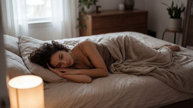 young woman lying in bed under soft blanket with tired thoughtful face in warm bedroom interior for insomnia stress mental health rest concept wellbeing recovery quiet morning scene