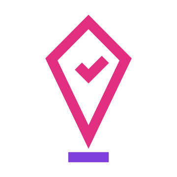 Checkpoint sharp outline two-tone style icon featuring a location pin with check mark representing verified places checkpoints and completed routes. 