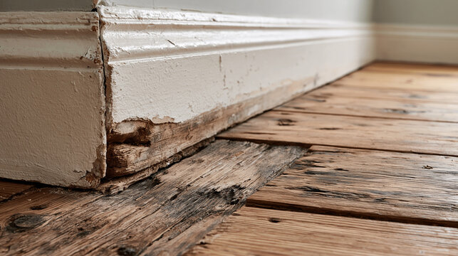 Damaged rotting wooden baseboard and floorboards in an old house. This image illustrates home renovation needs, water damage, and structural decay problems.
