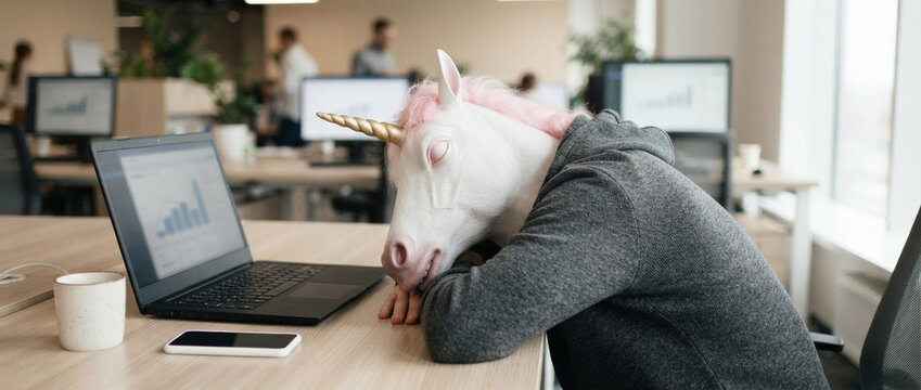 Unicorn mask employee working on laptop in a bright office, analyzing financial charts on the screen to represent unique startup business growth, creative company culture, and quirky humor