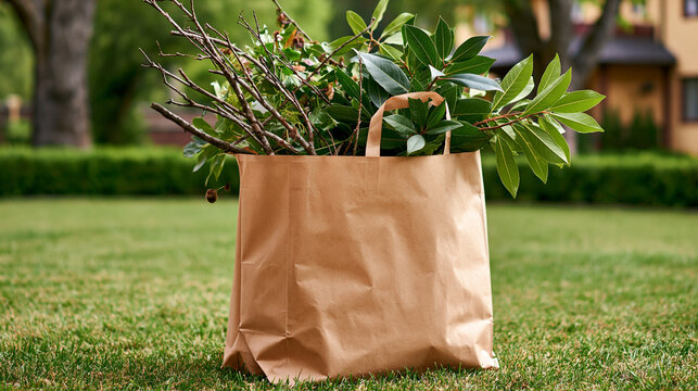 Brown paper bag filled with green leaves and tree branches sits on a vibrant green lawn outdoors. Represents eco-friendly garden clean-up, sustainable waste, or composting efforts.