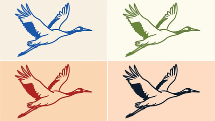 Obraz premium Artistic sequence showing four distinct stages of a graceful crane bird in flight silhouette, elegant avian motion profile isolated on a minimalist background for creative graphic design.