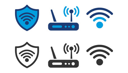 Wireless network security icons router shield and wi fi signal illustrations in color and monochrome © mstkabita