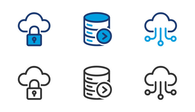 Cloud security database management and weather icons set line and filled styles