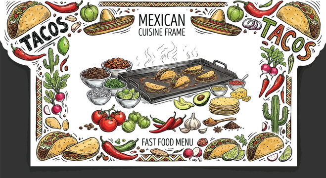 Hand-drawn sketch illustration of delicious Mexican tacos featuring savory meat, fresh cilantro, onion, and lime on corn tortillas, surrounded by cooking ingredients in a rustic frame border.