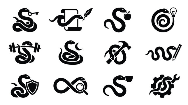 Twelve black snake silhouette icons interacting with symbolic items like a key, scroll, apple, lightbulb, barbell, moon, hammer, pencil, shield, magnifying glass, coffee cup, and gear.